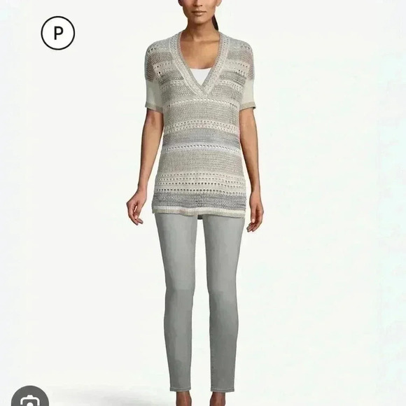 Chico’s Neutral & Gold Stripe Open-Weave V-Neck Tunic Size Small - Picture 1 of 9